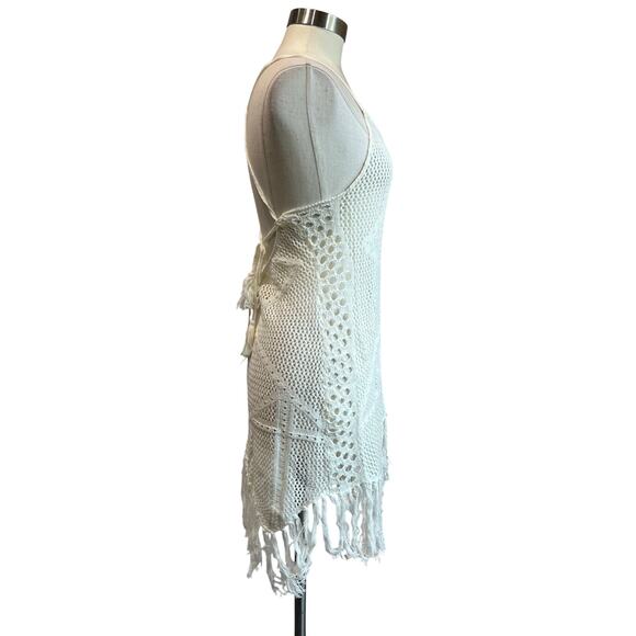 Endless Blu White Crochet Fringe Cover Up Boho Festival Beach Dress Size L - Picture 3 of 10